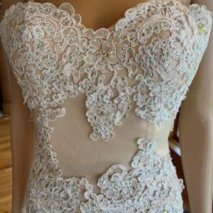 *Angela Alison Tan Ivory Lace Spaghetti Strap Wedding Dress Bridal Gown Size 0 2